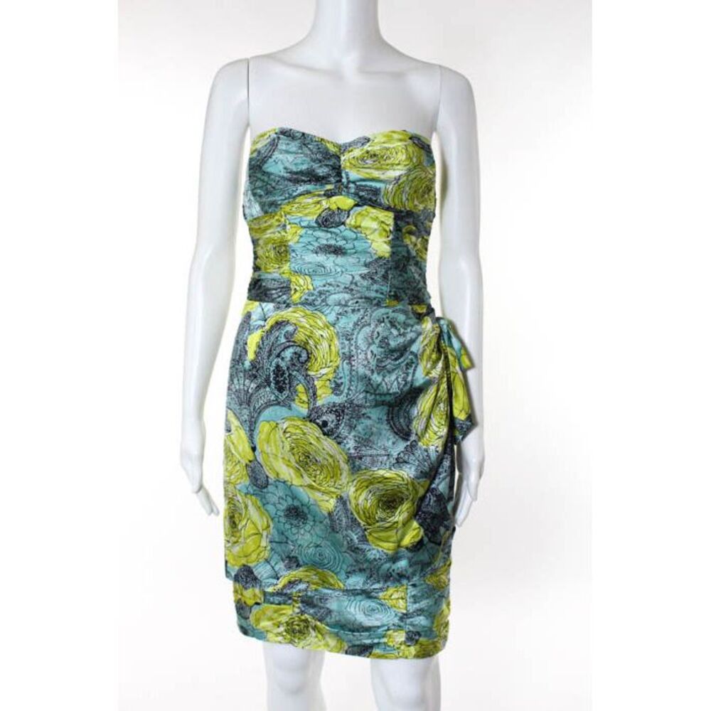 NANETTE LEPORE Light Blue Yellow Floral Print Strapless Dress Sz 0 RB774